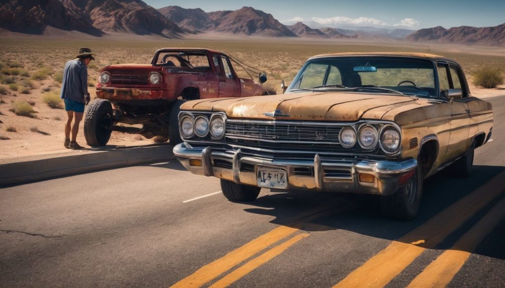 A stranded car on a desert highway being approached by a tow truck.