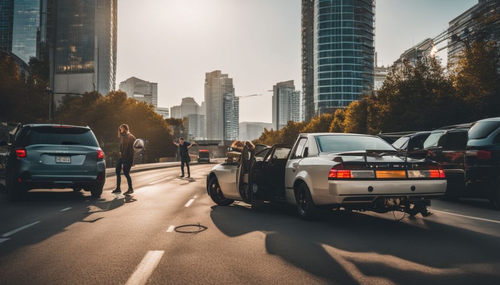 A broken car on the highway being towed.