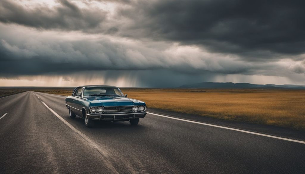 A breakdown car on a deserted highway under cloudy skies.